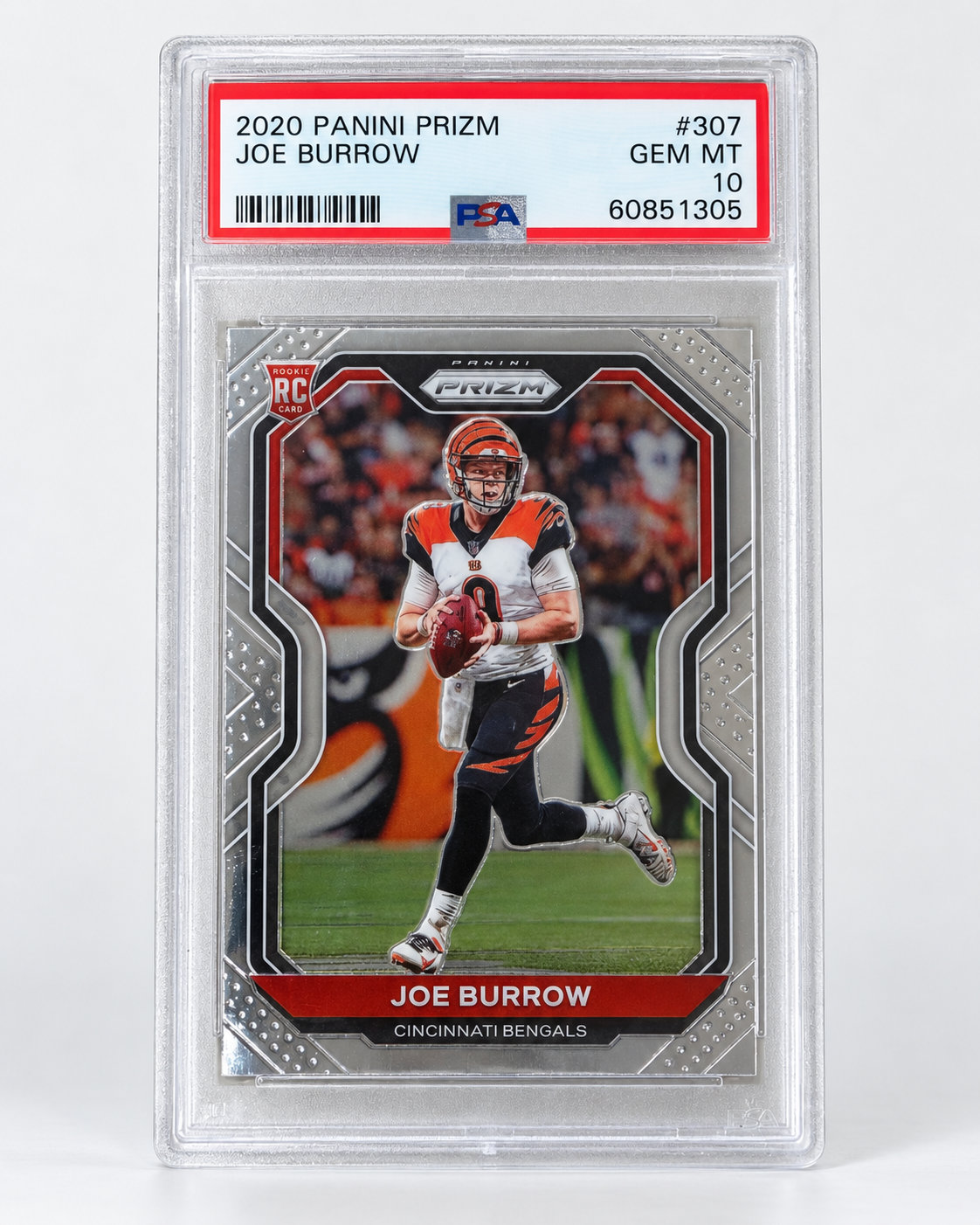 Front of 2020 Panini Prizm Joe Burrow rookie card in PSA 10 slab