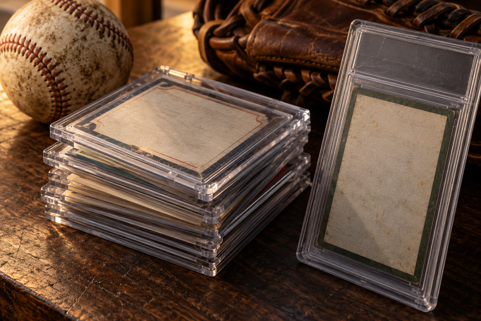 Baseball, glove, and protected card holders on a collector’s table